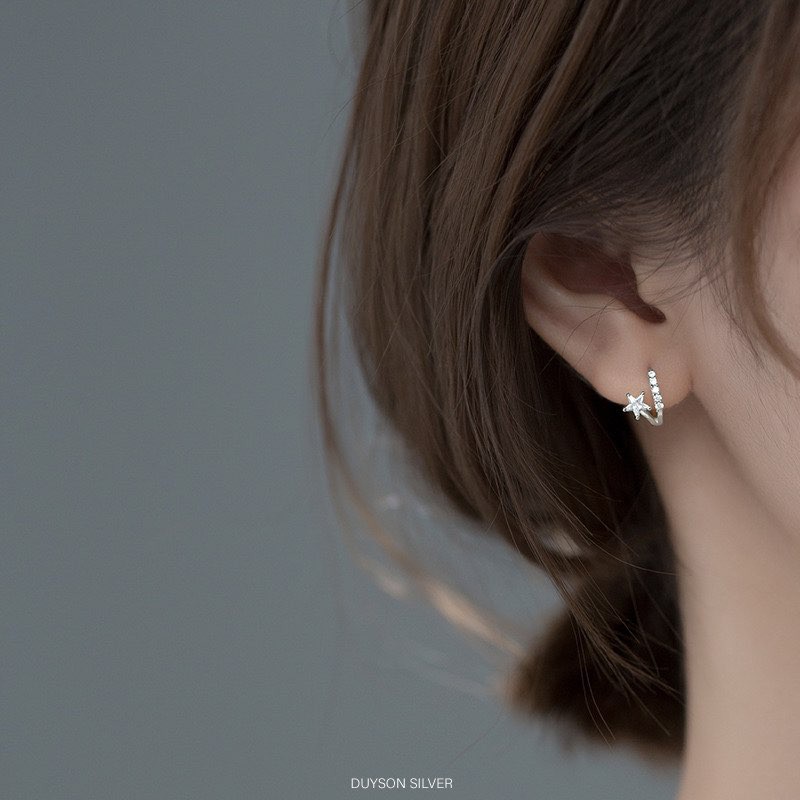 Khuyên tai bạc nữ vòng tròn ngôi sao đính đá bạc Ý 925 mạ vàng trắng cao cấp DUYSON SILVER (1 đôi) [KVDDXK4]
