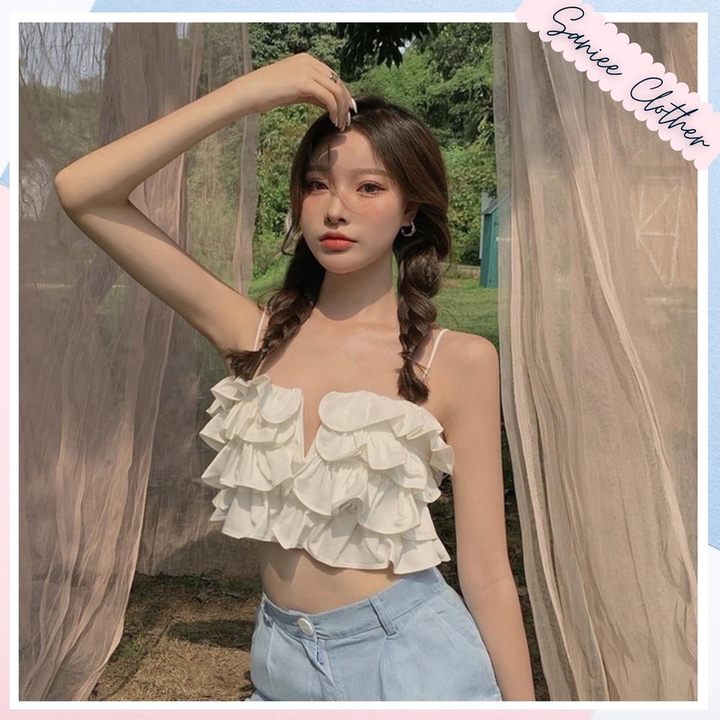 Áo 2 dây nữ, croptop sợi bún voan tơ bèo 4 tầng trắng đi biển sexy Saniee Clother