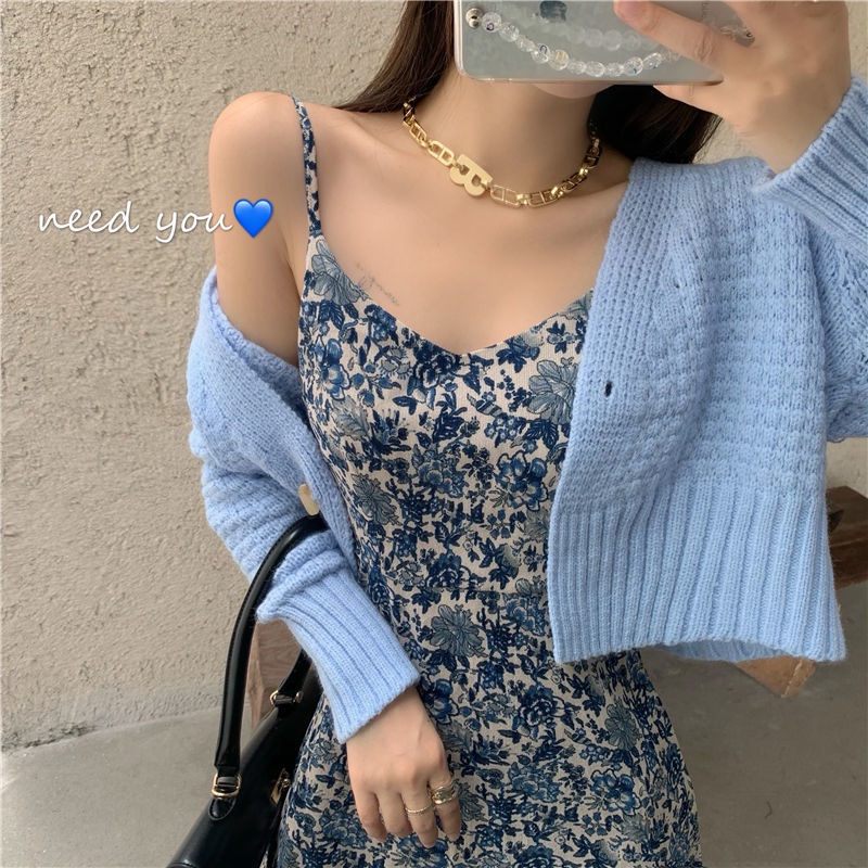 Đầm Dài Hai Dây Dáng Ôm In Hoa Kiểu Retro Pháp Dễ Thương Cho Bạn Gái