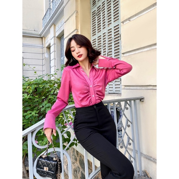 Áo sơ mi lụa xếp nhún trước MIEU - HD35