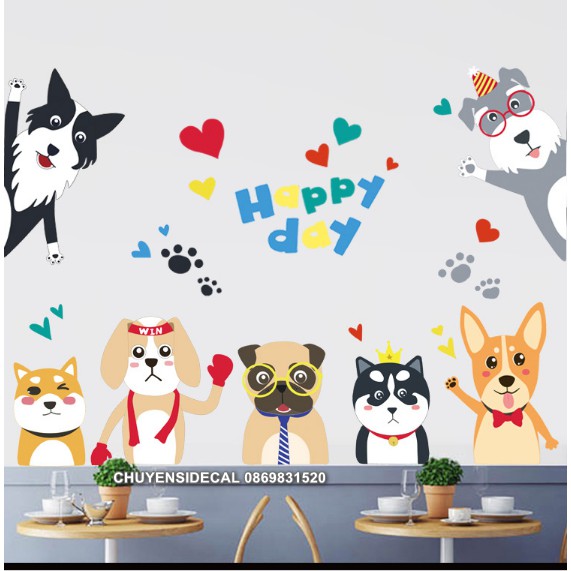 Decal trang trí tường - Bày Chó HAPPY DAY
