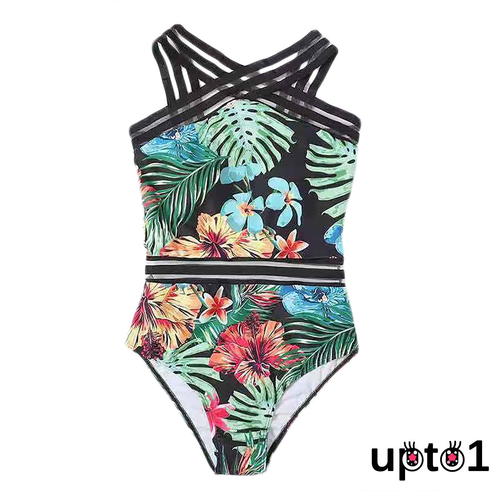Up-Women´s Sexy Leaves Flower Printing Swimsuit, Classic Sleeveless High Waist Playsuit, Tight V-neck Romper | BigBuy360 - bigbuy360.vn