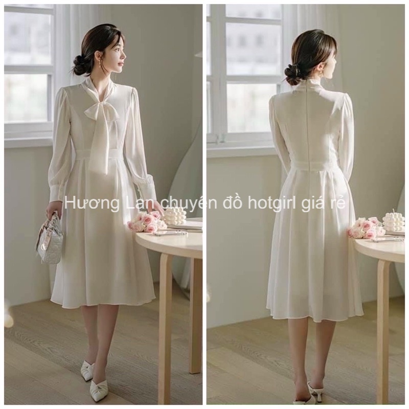 0163 Đầm trắng nơ cổ form dài tay dài màu trắng sang trọng - Hương Lan chuyên đồ hotgirl giá rẻ