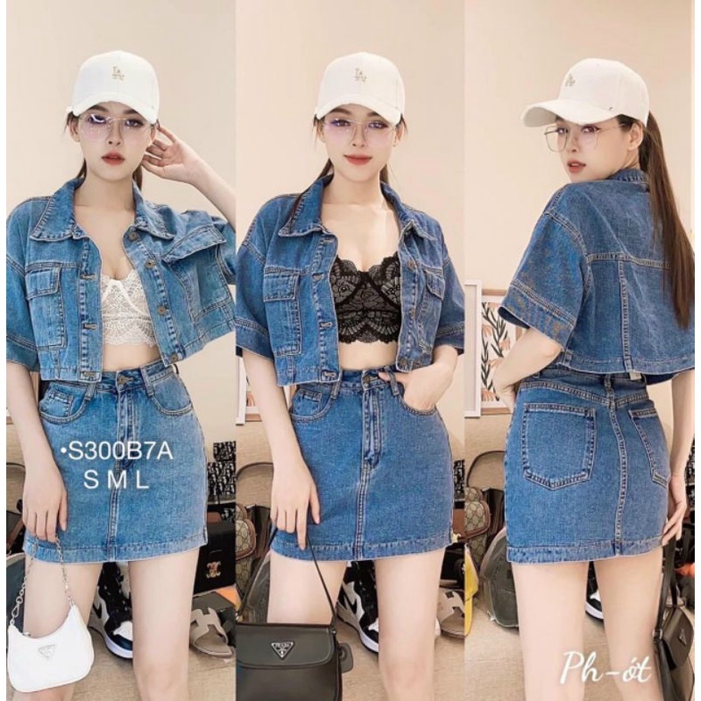 Set Bộ Váy Jeans Nữ Dạo Phố Đi Tiệc, Set Váy Bò Áo Sơ Mi Áo Kiểu Khoác Ngoài Dáng Lửng Có Túi 2 Màu Đậm Nhạt