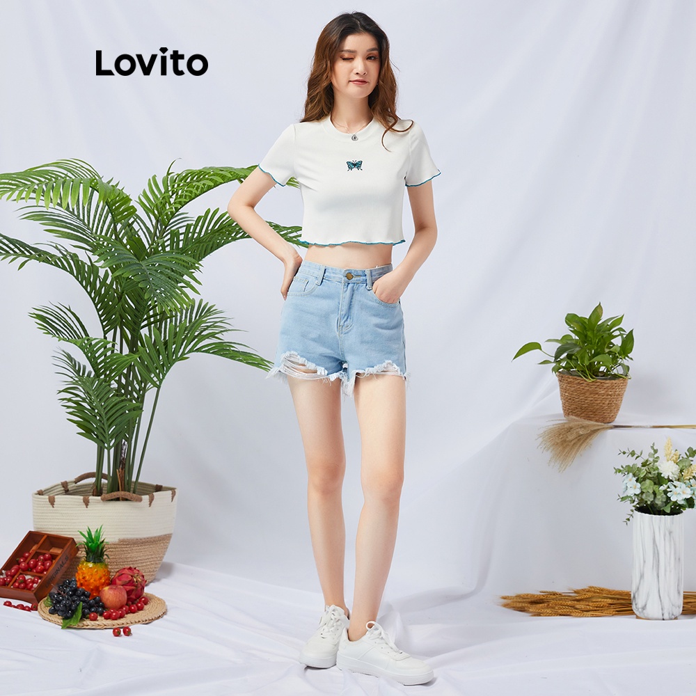 Áo thun Lovito cổ tròn in hình bướm thời trang phong cách thường ngày L11D09 (Màu trắng) | BigBuy360 - bigbuy360.vn