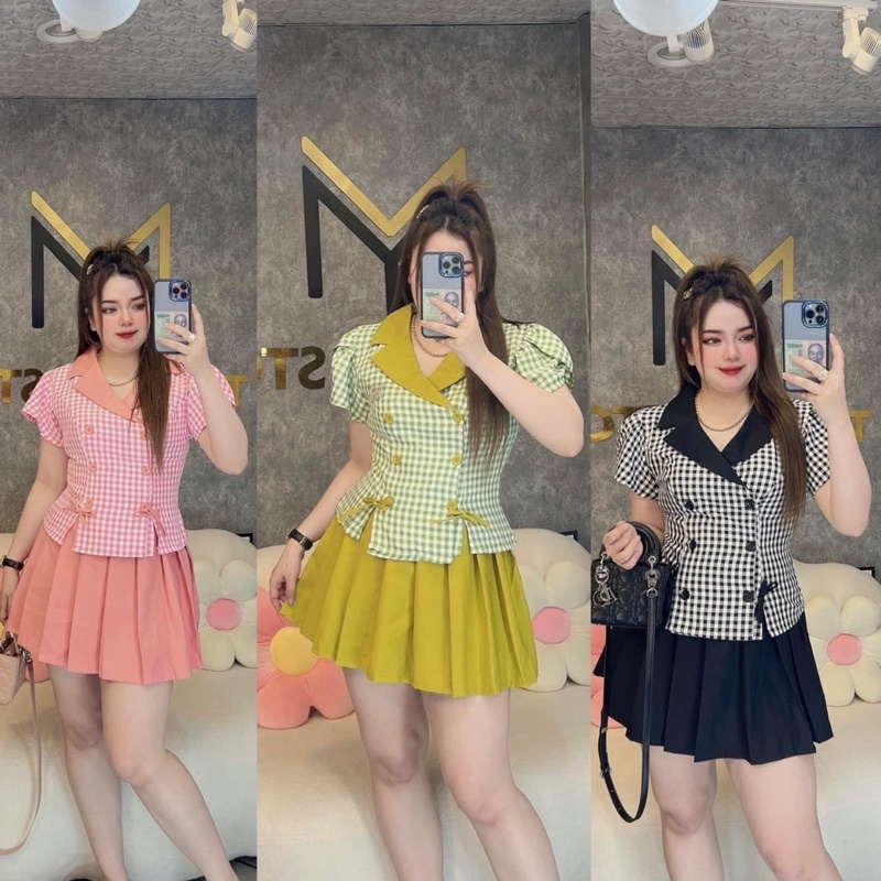 (SHOP BIGSIZE nữ 50kg đến 90kg ) set vest tay cánh sen + váy ngắn xếp ly SV 88