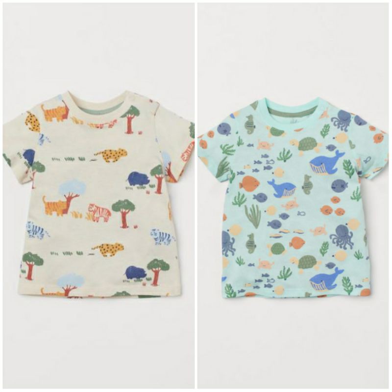 Set 2 áo animals chất cotton cho bé trai size 18/24m H.M UK A.uth