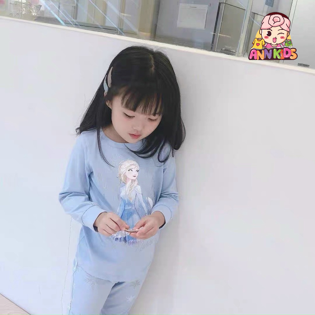 Bộ dài tay thu đông bé gái - Bộ dài tay Elsa xanh chất cotton cao cấp cho bé gái size 90-140