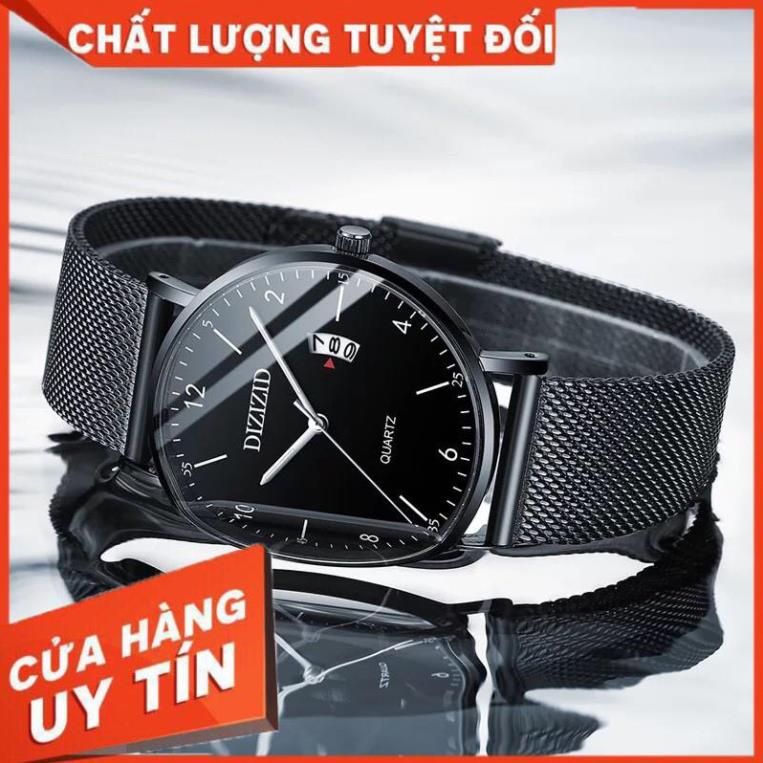 Đồng Hồ Nam Dây Thép Lụa Đen Mặt Siêu Mỏng DIZIZID Có Lịch Ngày Cao Cấp - Style Lịch Lãm .