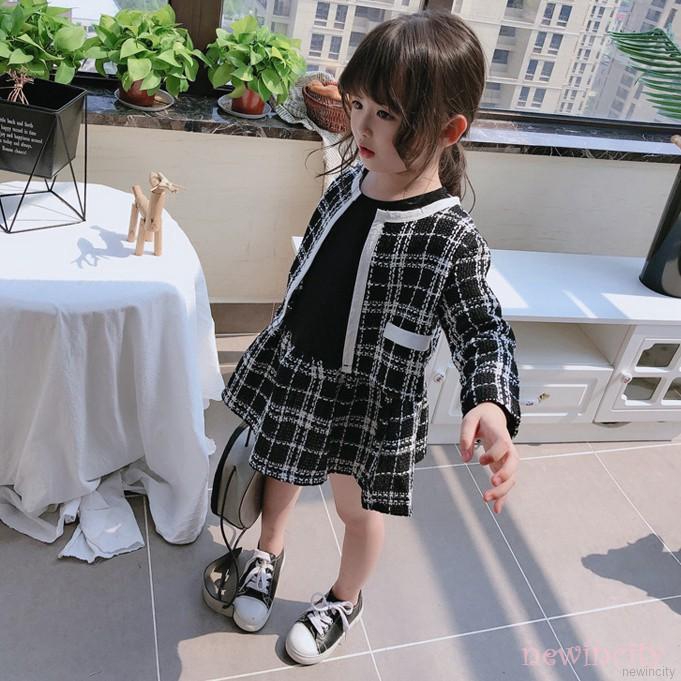 Bộ đầm + áo khoác dài tay kẻ sọc thời trang mùa thu cho bé gái