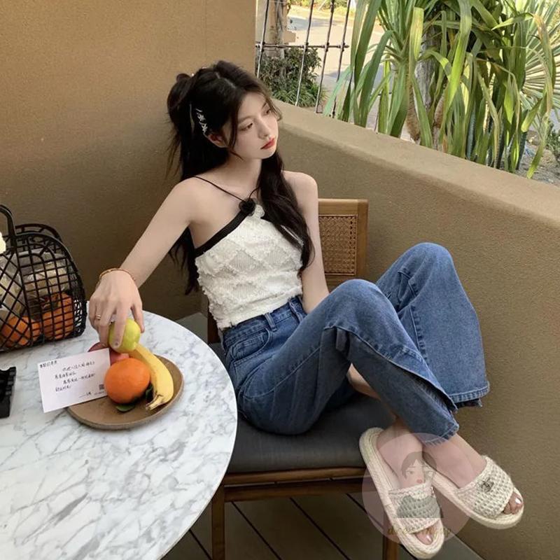 DRE-Women´s Summer Tank Tops,Camellia Embellishment Halter Sleeveless Asymmetric Slim Fit Tank Tops