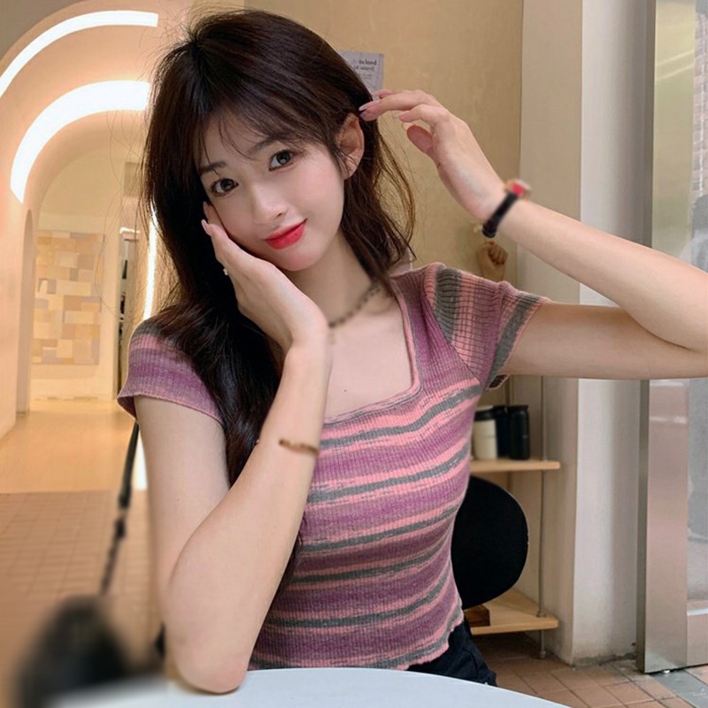 Áo Thun Lửng Tay Ngắn Cổ Vuông Họa Tiết Sọc Ngang Thời Trang Dành Cho Nữ