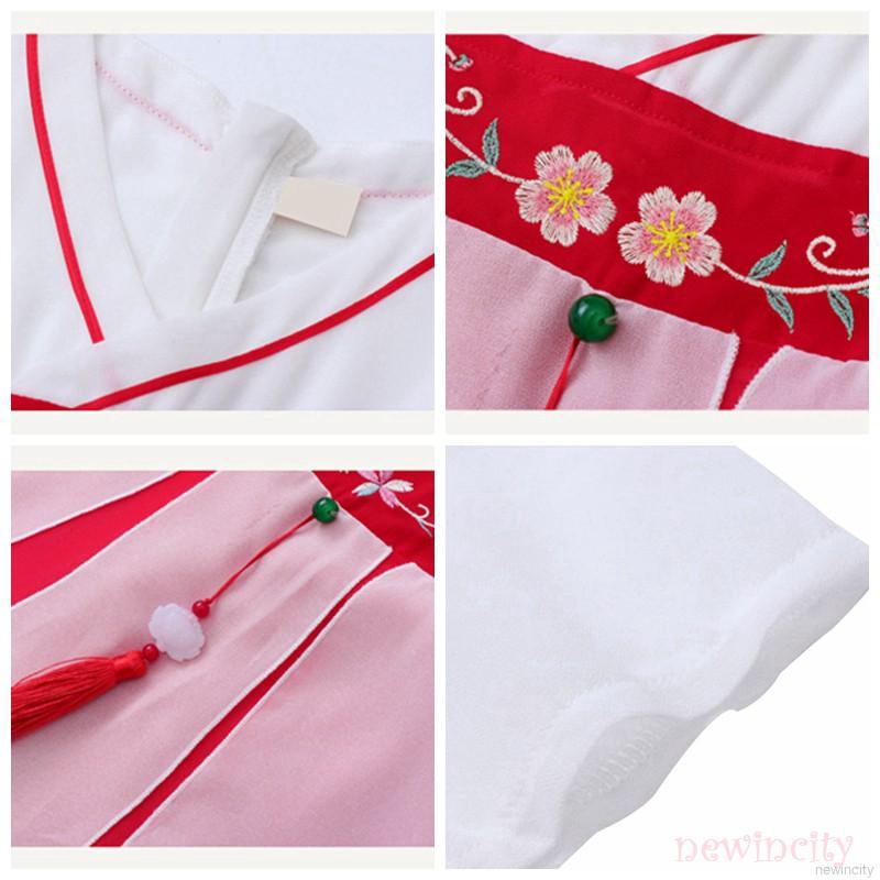 Đầm tay ngắn hoạ tiết hoa thêu phong cách Trung Quốc cho bé gái