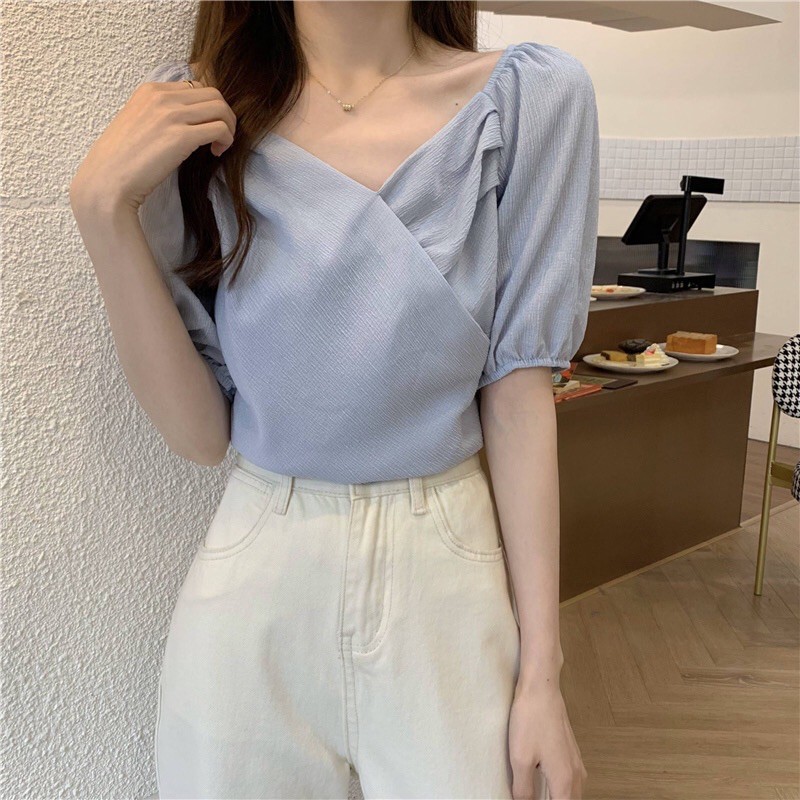 Áo sơ mi cổ chéo tay bồng không nhăn đi học đi làm | BigBuy360 - bigbuy360.vn