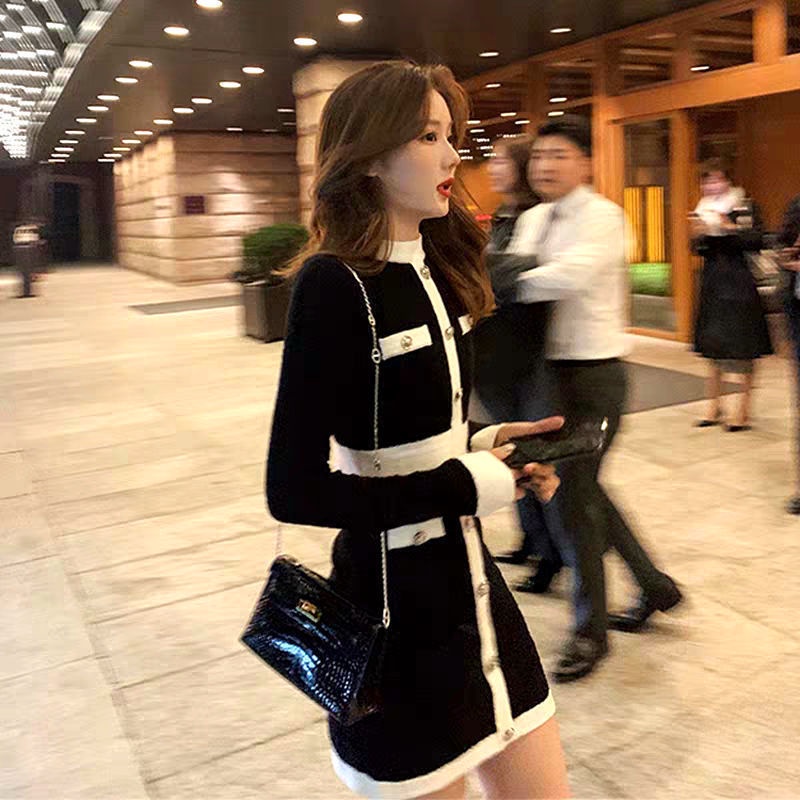 【Joshin mới】Áo len nữ váy mặc trong dệt kim phong cách Chanel thu đông mẫu mới 2021 váy liền quý cô thon gọn siêu tiên nữ instagram sành điệu