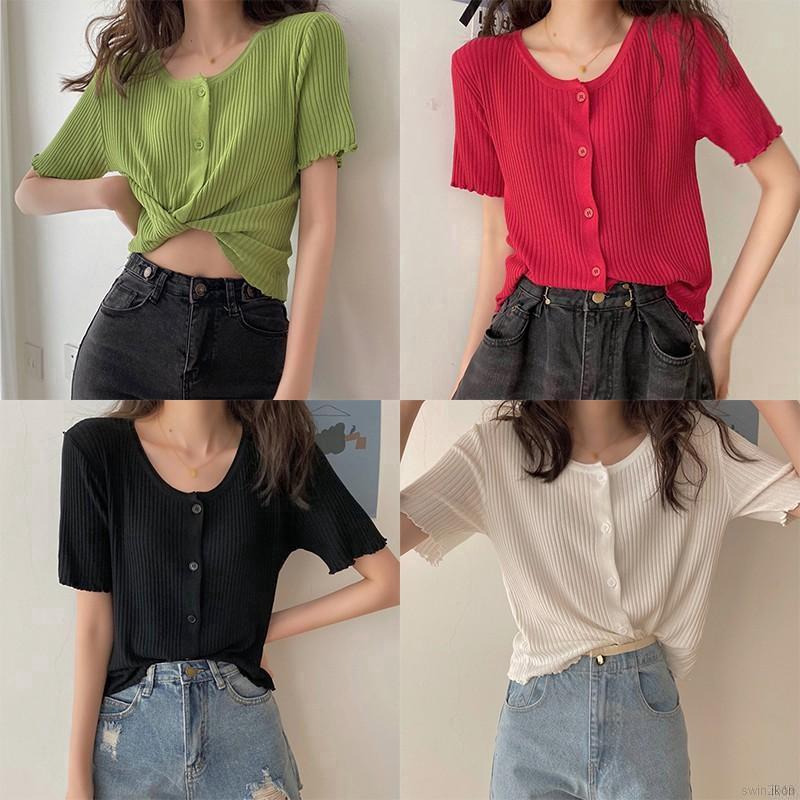 Áo Lửng Dệt Kim Tay Ngắn Cổ Tròn Phối Khuy Cài Hợp Thời Trang Cho Nữ
