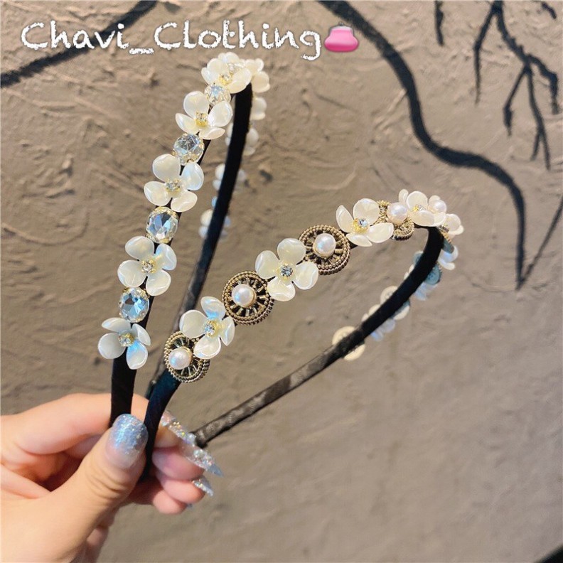 🌺SHOP CHAVI🌺 Bờm tóc băng đô hoa xen kẽ đá đính đá xinh sang chảnh phong cách Hàn quốc ảnh thật + video