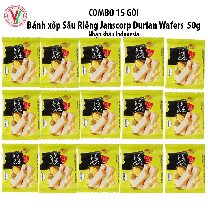 Combo 15 Gói Bánh Xốp Sầu Riêng Janscorp Durian Wafers  50g- Thơm Ngon Giòn Tan Nhập Khẩu Indonesia