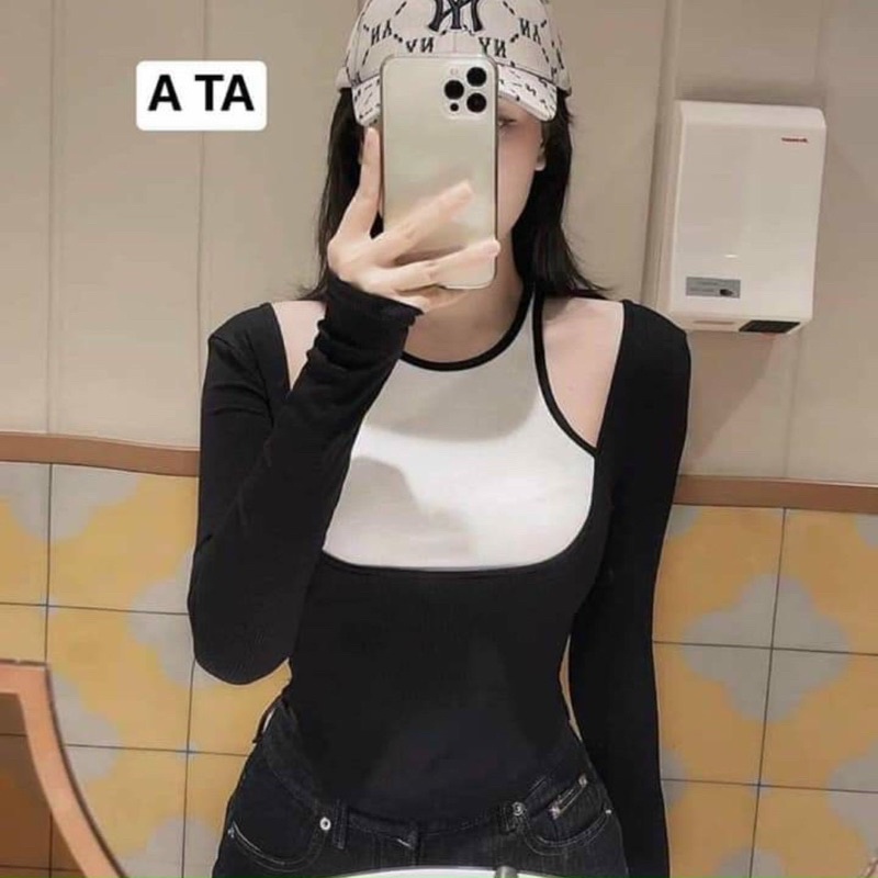 ÁO RỚT VAI CROPTOP TAY DÀI CHẤT GÂN BASIC