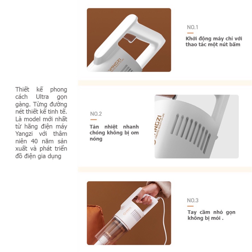 Máy hút bụi cầm tay Yangzi XC77A, lực hút cực khỏe 16000Pa, công suất 600W, lõi lọc HEPA siêu sạch