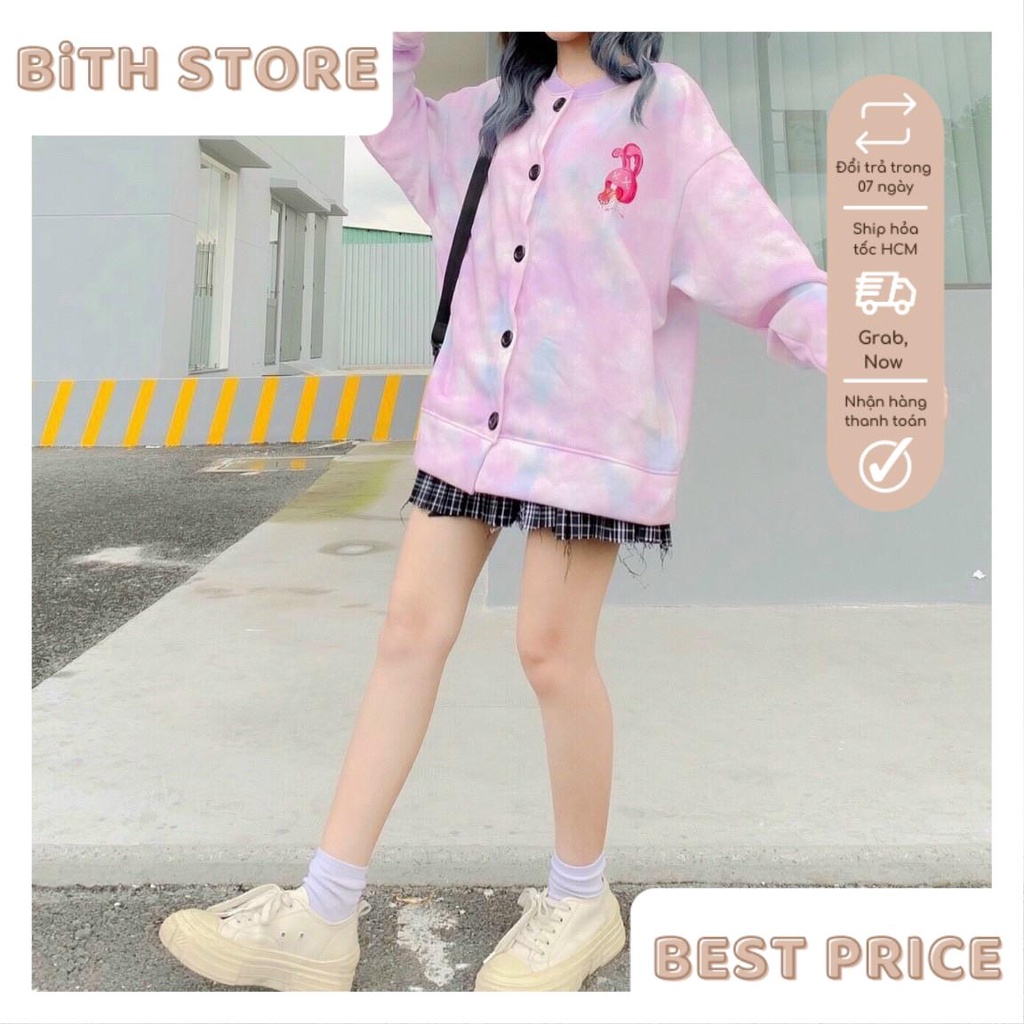 Áo khoác cardigan nỉ bông nữ loang màu 3D in họa tiết thỏ lè lưỡi trẻ trung, năng động