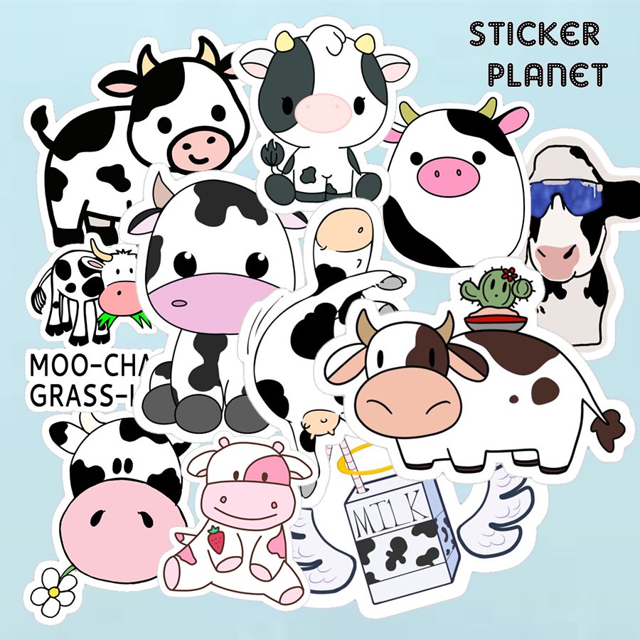 Bộ sticker chống thấm nước trang trí mũ bảo hiểm, đàn, guitar, ukulele, điện thoại laptop chủ đề con bò sữa