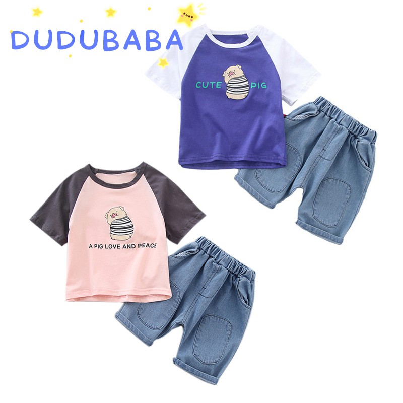 Set áo thun tay ngắn in hình và quần ngắn jeans cho bé trai 1-5 tuổi