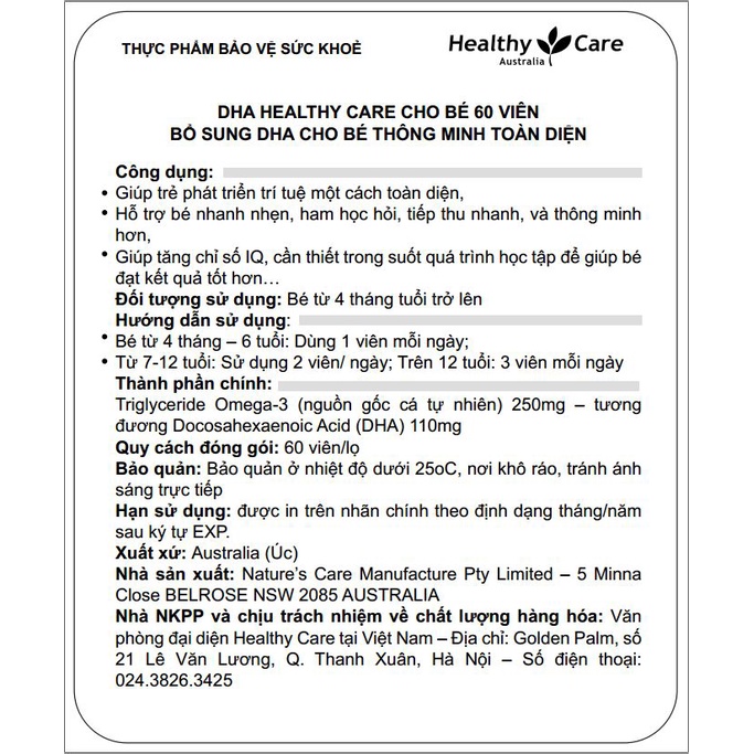 Viên uống bổ sung dưỡng chất cho bé Healthy Care High Strength DHA 60 viên