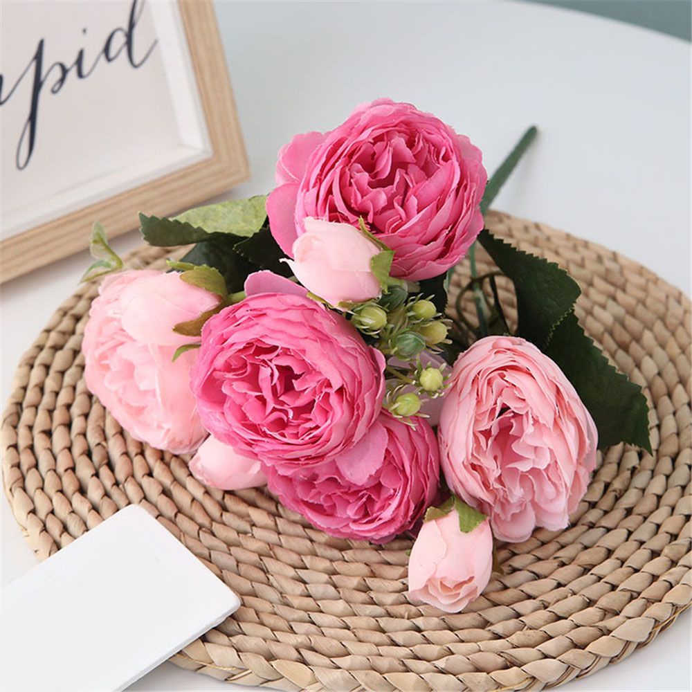 Nhánh 9 bông hồng mẫu đơn giả bằng vải lụa trang trí nhà cửa/tiệc cưới DIY 30cm