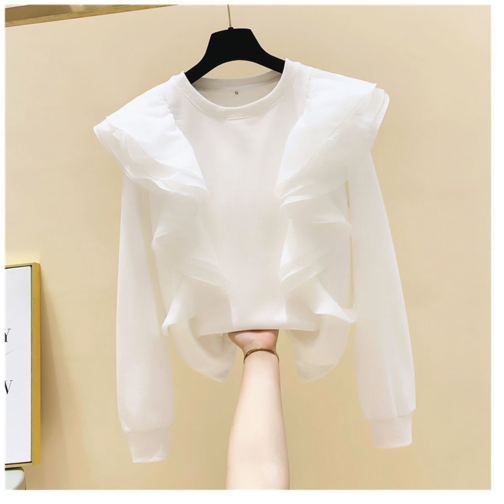 Áo sweater cổ tròn tay dài phối lưới thời trang mùa thu phong cách Hàn Quốc mới dành cho nữ 2021