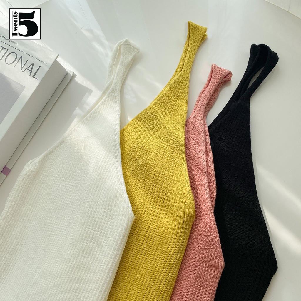 Áo hai dây cổ tim len trơn màu dáng ôm co dãn Twentyfive 4218