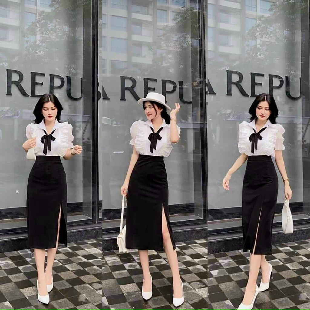 Sét bộ áo 2 lớp bèo cài nút thật, đính cột nơ mix chân váy xẻ tà thời trang xinh xắn