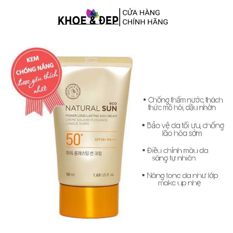 Kem Chống Nắng THEFACESHOP Natural Sun Eco Power Long-Lasting Sun Cream, 2 Trong 1 Chống Nắng Và Là Kem Lót Trang Điểm