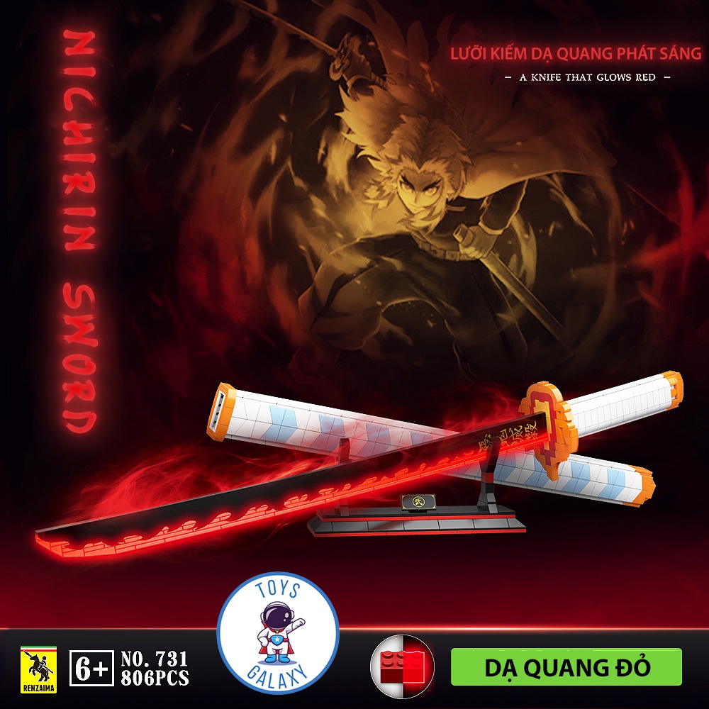 Đồ Chơi Lắp Ráp Kiểu LEGO Mô Hình Nhật Luân Kiếm Phát Sáng Của Viêm Trụ Rengoku Kyoujurou trong Kimetsu no Yaiba 731