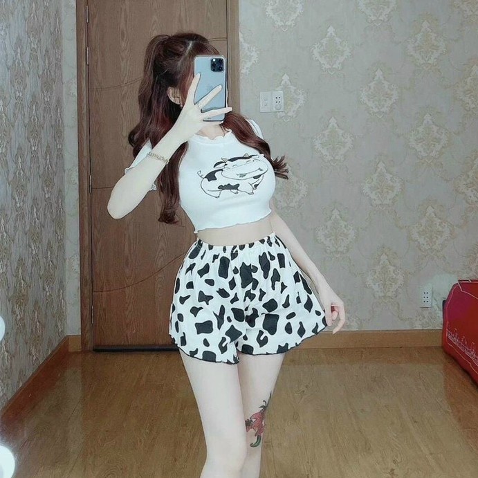 Set áo thun hình con bò quần họa tiết bò sữa siêu hot hit
