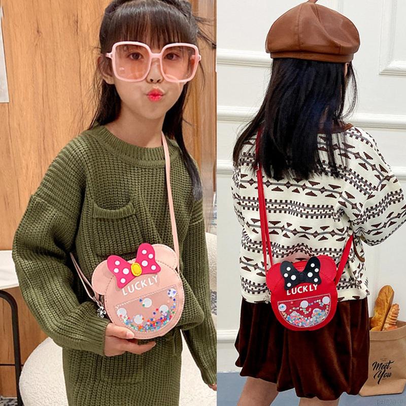 Túi đeo chéo chủ đề hoạt hình đính kim sa dễ thương cho bé gái da PU