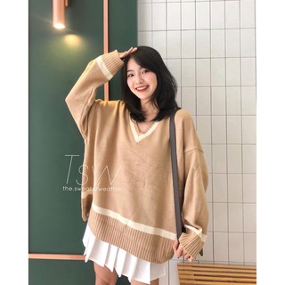 Áo len viền cổ V oversize