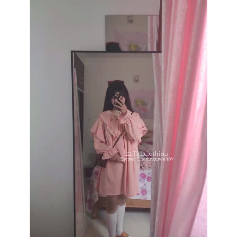 Đầm babydoll dễ thương Ulzzang, váy tay dài form rộng, đầm Oversize hai lớp chất đẹp