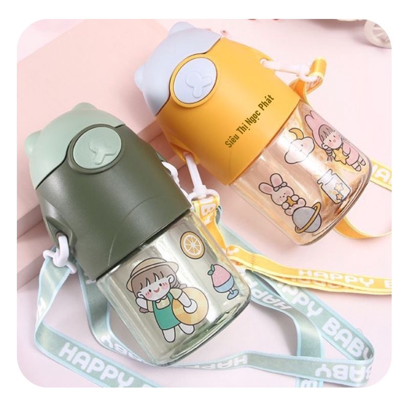 Bình Nước Gấu Ngộ Nghĩnh cho bé_Có Quai Đeo_650ML_Kèm Sticker dán