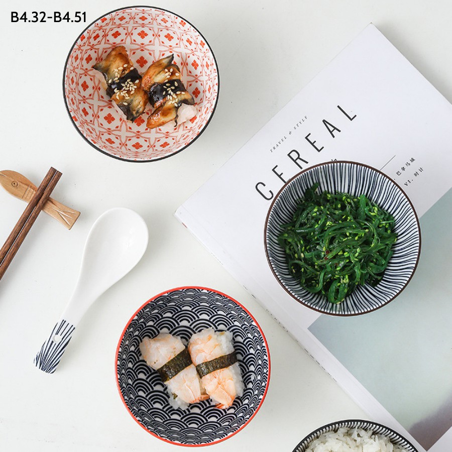 Bát ăn cơm sứ - chén ăn cơm có vân chống trơn trượt phong cách Nhật Bản