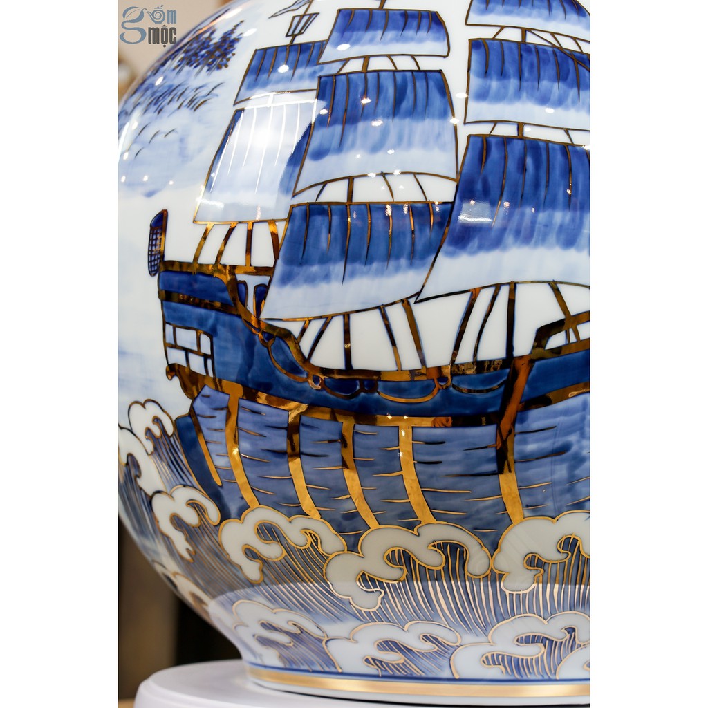 Bình gốm Bát Tràng, bình hút tài lộc vẽ vàng 24K, tích Thuận buồm xuôi gió