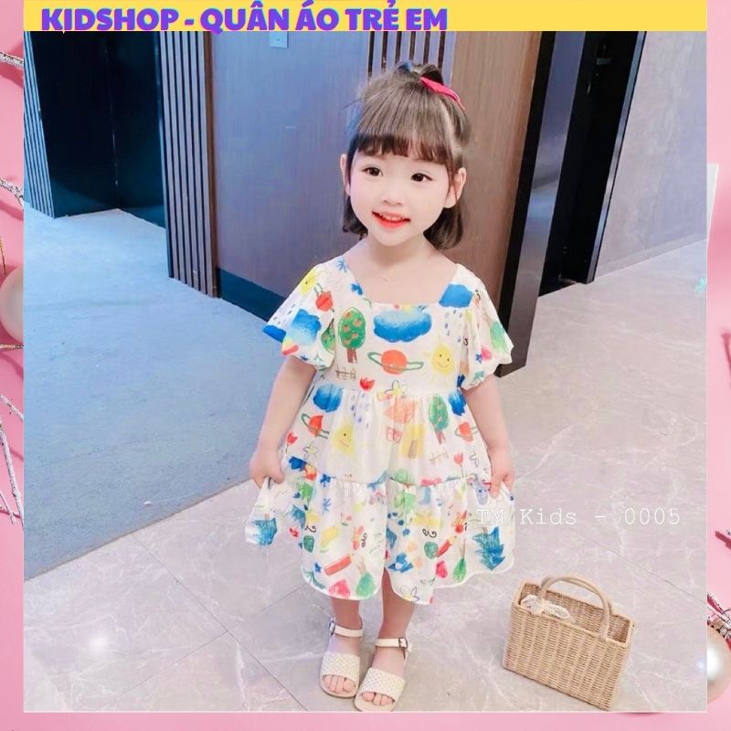 Đầm hoa nhí cho bé gái tiểu thư vintage hàn quốc - đầm bé gái mùa hè cộc tay siêu sang chảnh, chất liệu đũi ít nhăn.