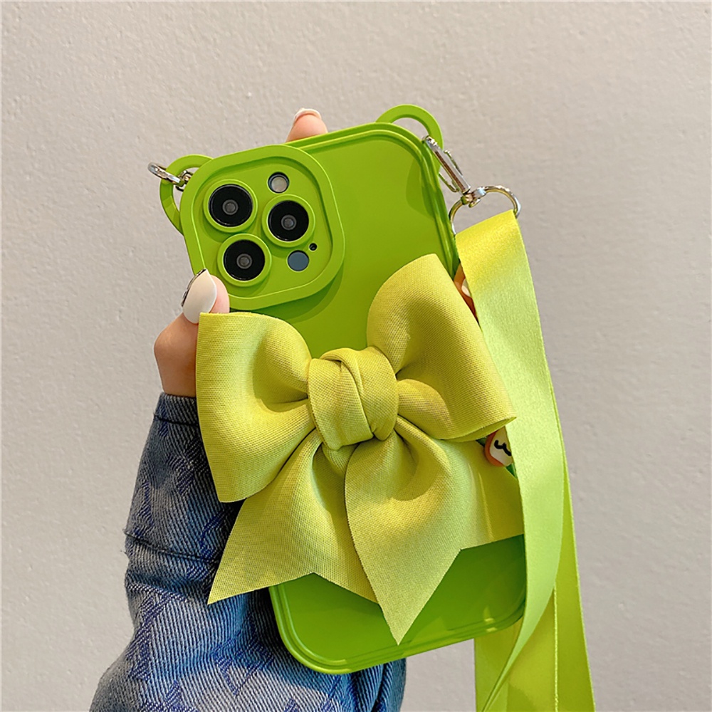 Ốp Điện Thoại Dẻo In Hình Nơ 3D Có Dây Đeo Chéo Cho iPhone 14 Pro Max Plus 12 13 11 Pro Max X XR