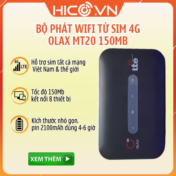 Bộ Phát Wifi 4G ZTE, Cục phát wifi 4G Olax MT20 Tốc Độ 150Mpbs hỗ trợ tất cả nhà mạng - Nhỏ gọn tiện lợi