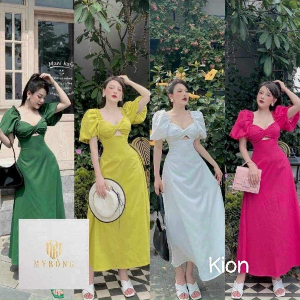 [8.8 Sales Freeship] Đầm công chúa đầm tay phồng cổ vuông hở xoắn ngực siêu xinh