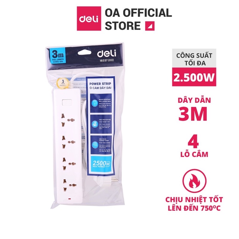 Ổ cắm 3 chấu 4 ổ Deli 18337 (03m).