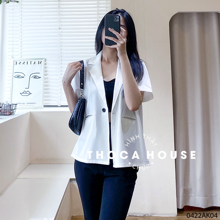 Blazer khoác vest nữ tay ngắn 1 lớp túi mổ trơn trắng, đen, rêu THOCA HOUSE mỏng mát thoải mái, sang trọng