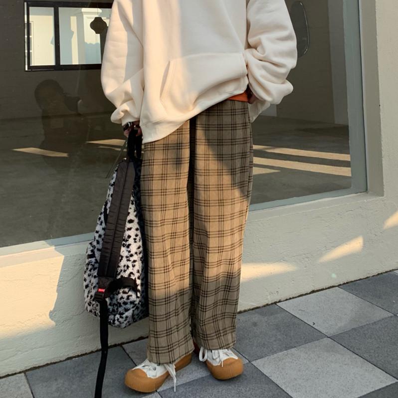 Quần Dài Ống Rộng Họa Tiết Ca Rô Phong Cách Hàn Quốc Dành Cho Nữ