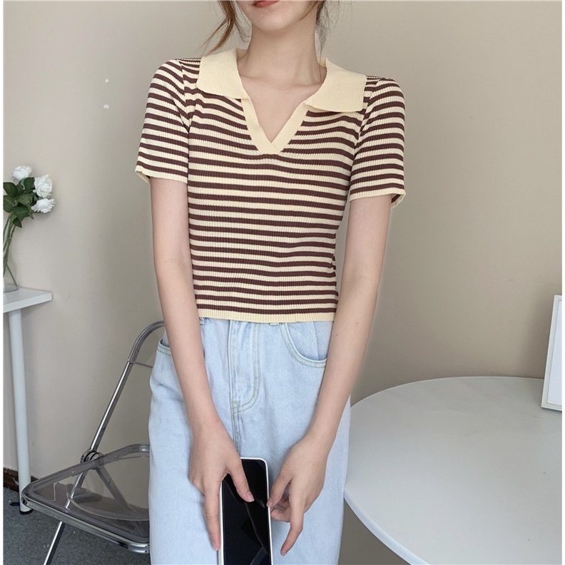 Áo len polo cổ bẻ V kẻ ngang | BigBuy360 - bigbuy360.vn