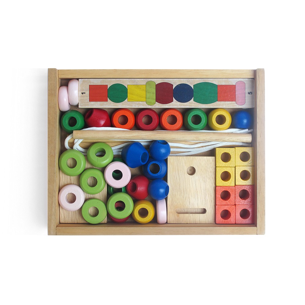 Trò xâu chuỗi hạt gỗ học hình khối màu sắc xếp chồng | Đồ chơi gỗ Việt Nam